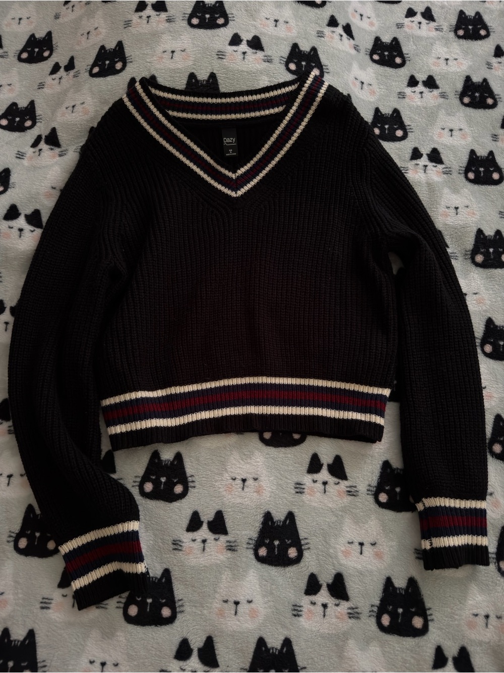 Women's Black V-Neck Sweater with Striped Trim